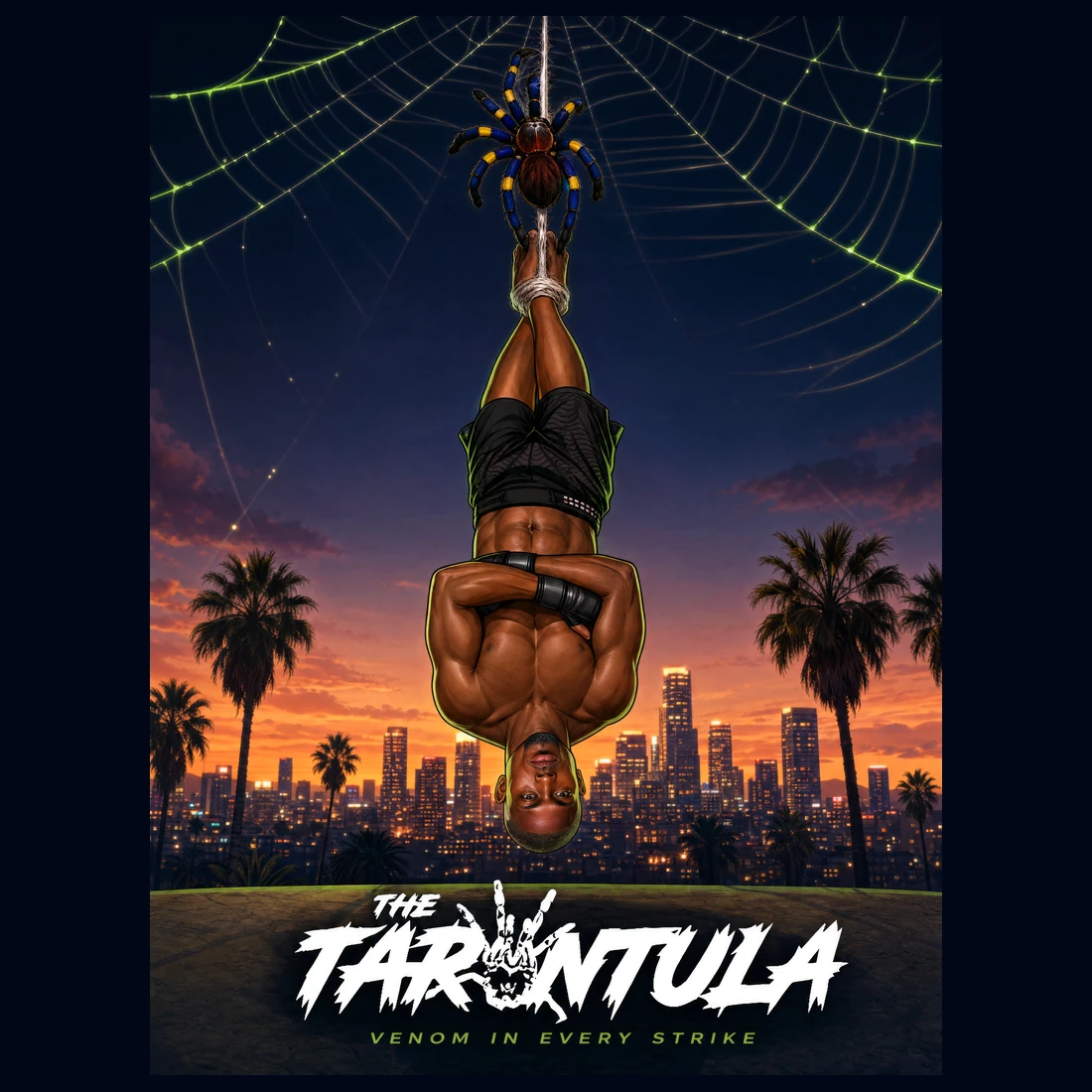 The Tarantula poster — Jalin Turner hanging upside down over the LA skyline, VENOM IN EVERY STRIKE
