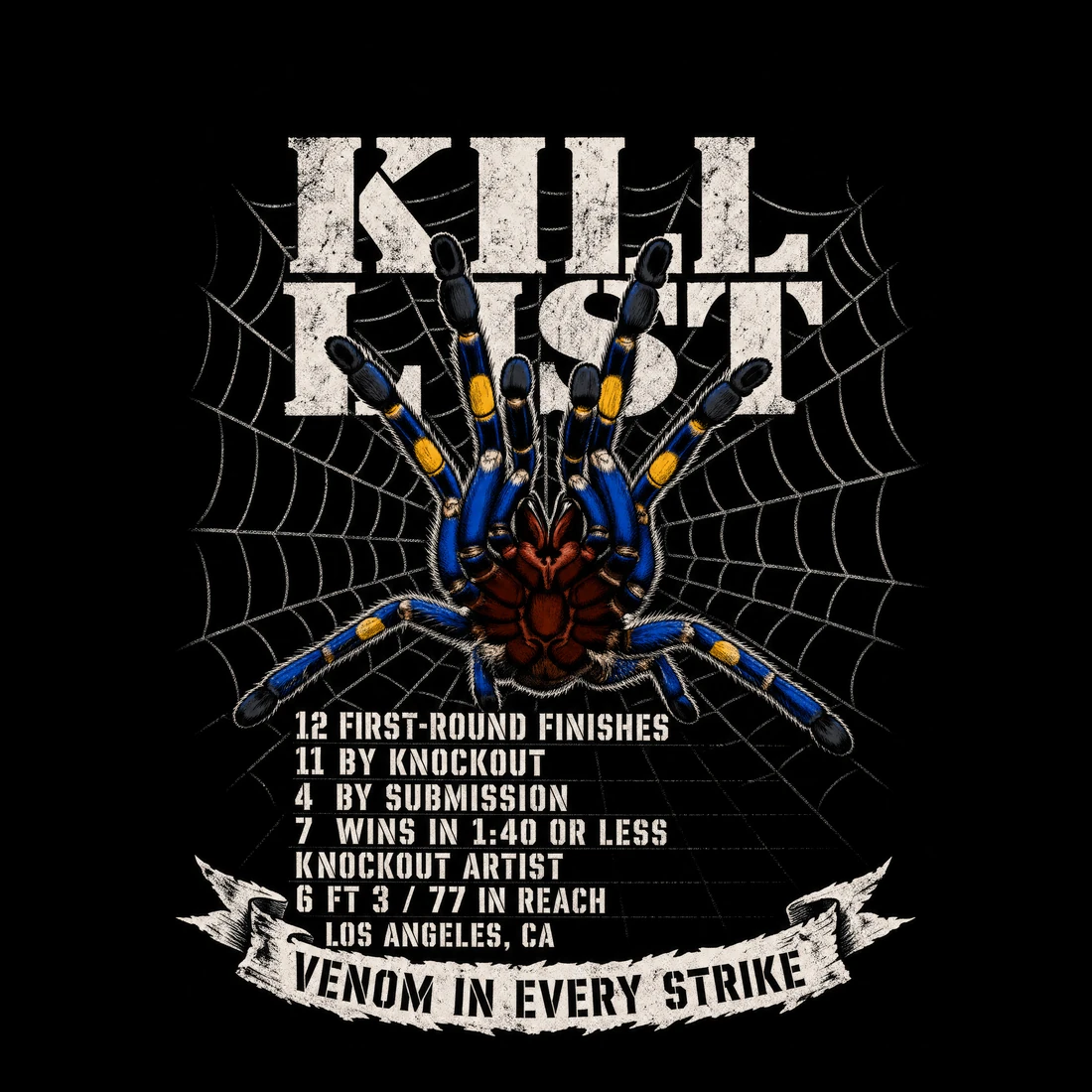 Kill List poster — blue Gooty tarantula, Jalin Turner fight record, VENOM IN EVERY STRIKE