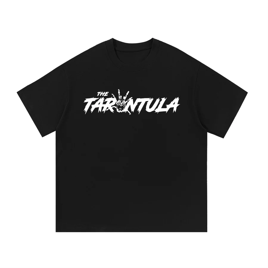 White Signature Tee — THE TARANTULA white ink chest print
