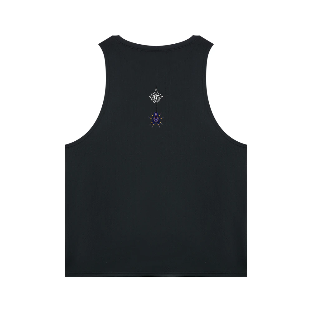 Calm Is Deadly Tank, black, JT web crest and blue Gooty tarantula back print