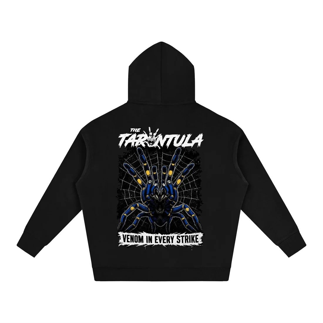 Venom Hoodie, black — blue tarantula back print, VENOM IN EVERY STRIKE